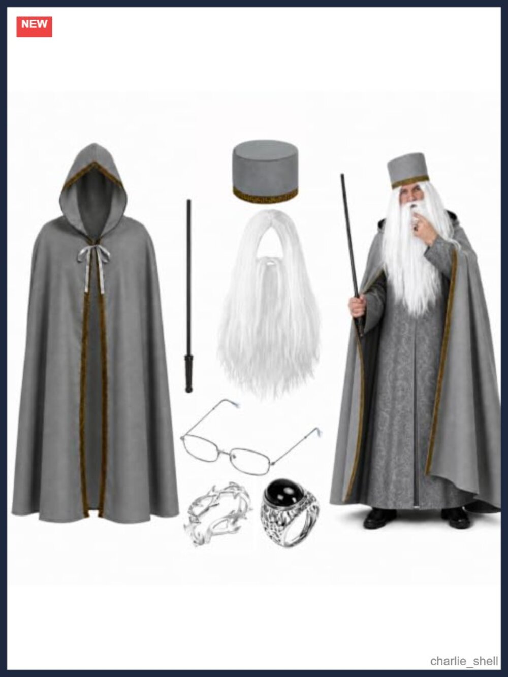 7 Pc Men's Wizard Costume Set Hooded Cloak Hat Wig Beard Wand Rings